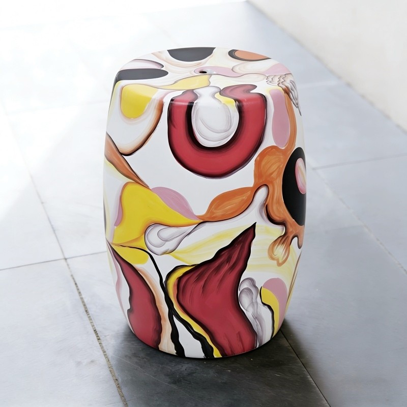 现代中古风艺术彩绘陶瓷坐凳圆凳边几抽象造型梳妆凳家居装饰摆件