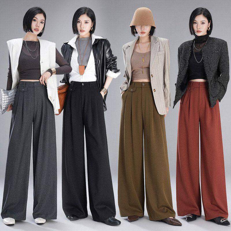 高级感天丝羊毛阔腿裤女2024秋冬新款高腰休闲垂感直筒灰色西装裤