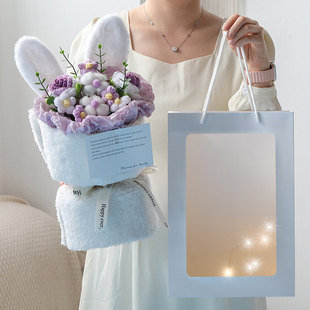 浪漫小香风兔子花束成品手工编织毛线玫瑰情人节生日礼物送女生