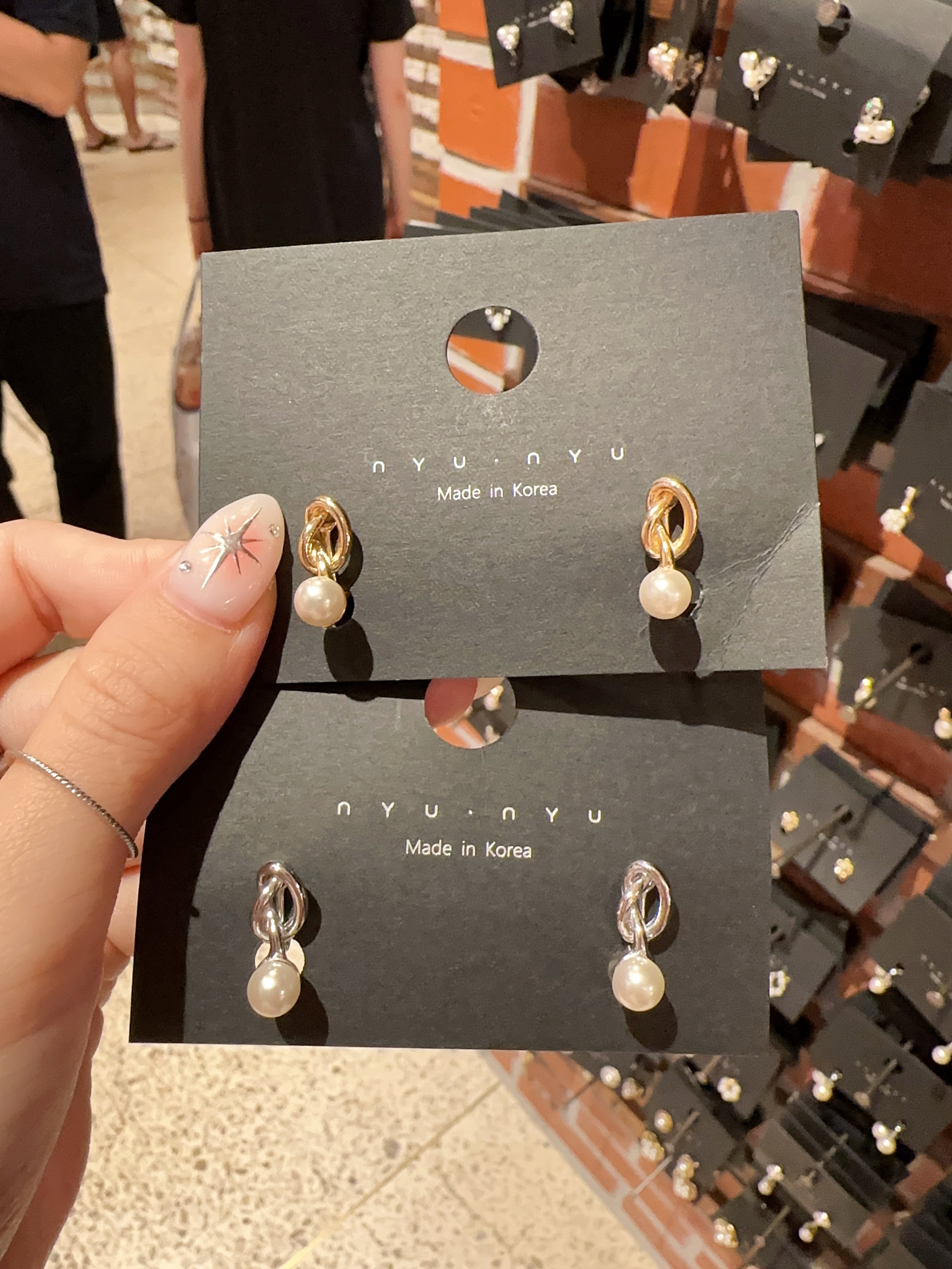0103韩国东大门代购nyunyu绑结珍珠吊坠耳夹无耳洞可戴银金气质风