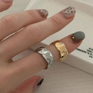 earlobe韩代 小香风菱格纹戒指做旧东大门coco开口戒叠戴情侣指环