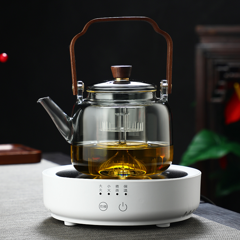 煙灰色高硼硅玻璃木把提梁壺 帶過(guò)濾泡茶壺 大容量耐熱玻璃煮茶壺