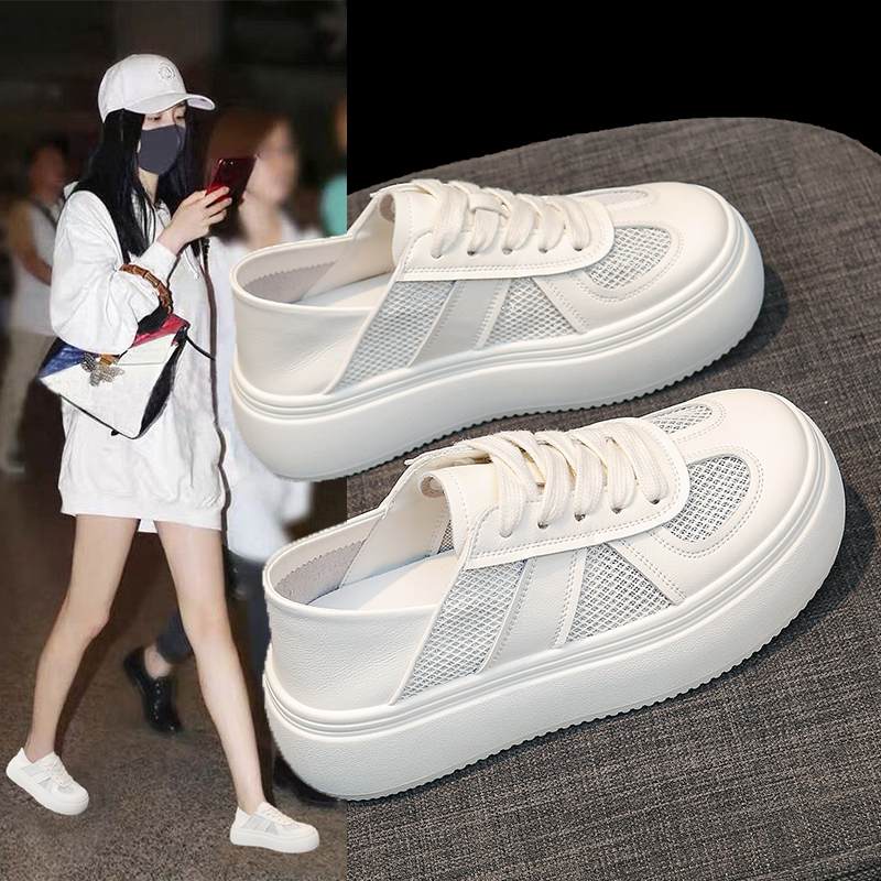 真皮小白鞋网面两穿女2025夏秋新款厚底圆头薄款休闲运动板鞋