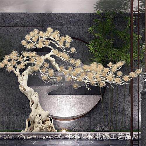 仿真松树大型室内装饰迎客松摆件实木雕刻假树盆景中式枯山水造景