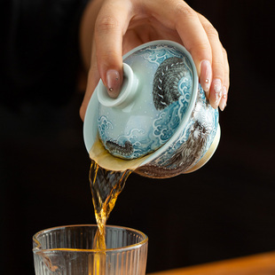 腾龙过海墨彩二才盖碗单个家用高档陶瓷防烫功夫泡茶碗茶具套装