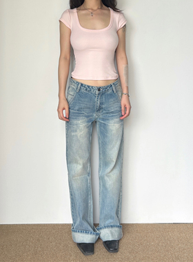 圆圈CIRCLE美式低腰牛仔裤质感棉洗水小众百搭显瘦蓝色直筒拖地裤