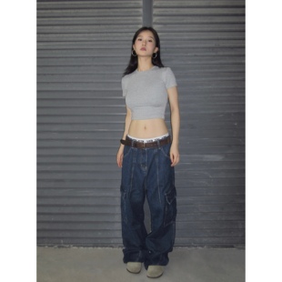 男女同款 圆圈CIRCLE美式 复古辣妹宽松显瘦深蓝色口袋重洗水牛仔裤