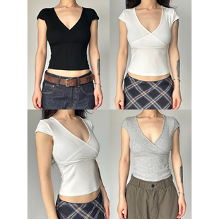 圆圈CIRCLE美式辣妹交叉V领弹力显瘦基础款短袖t恤女夏季百搭上衣