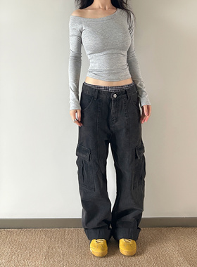 圆圈CIRCLE复古做旧辣妹宽松显瘦烟灰色口袋重洗水牛仔裤男女同款