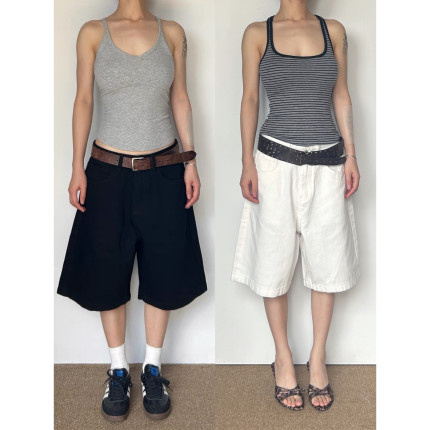 圆圈CIRCLE美式休闲辣妹梨形显瘦黑白五分牛仔裤夏季短裤男女同款