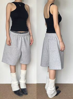 圆圈CIRCLE美式抽绳休闲卫裤女宽松直筒五分裤显瘦百搭运动短卫裤