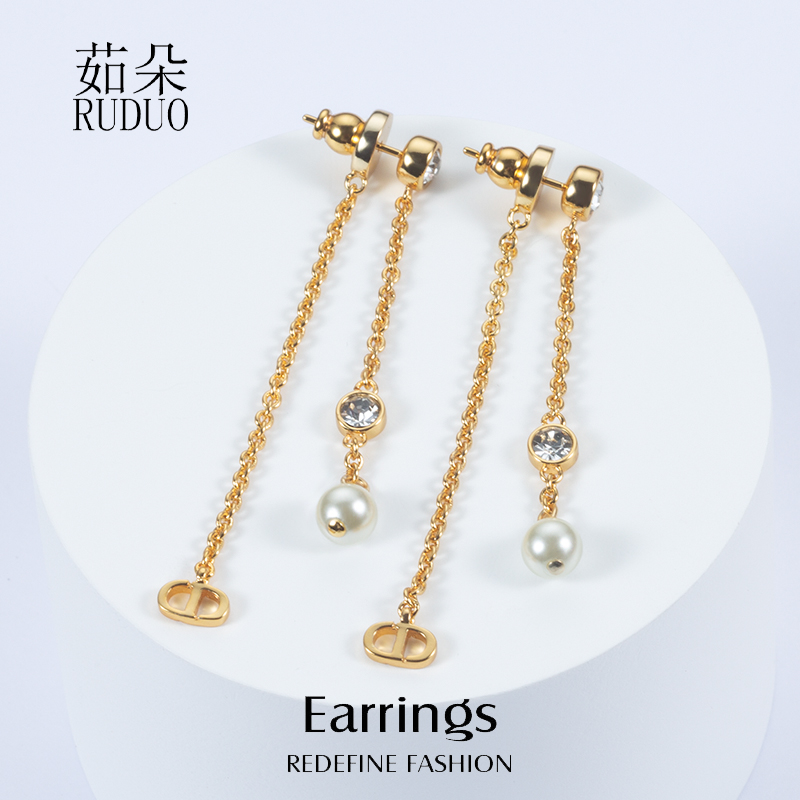 CD耳环女轻奢ins长款珍珠耳线