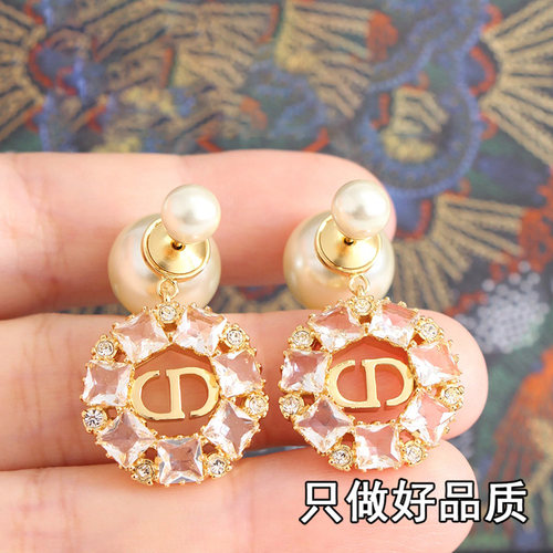 新款前后珍珠金色圆形满钻CD耳环复古做旧高级感小众设计耳饰女