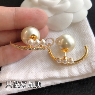 新款珍珠钻前后两戴耳环弧形CD字母耳钉高级感复古做旧轻奢耳饰女