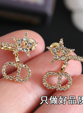 新款五角星弯钩耳钉镶钻CD耳环两戴耳排后挂式小众设计高级感耳饰