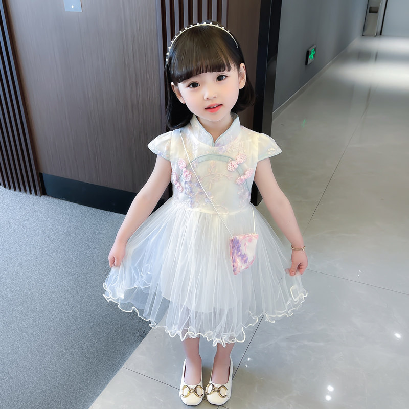 어린 소녀 치파오 거즈 스커트 서양식 여름 드레스 반팔 HANFU 드레스 복고풍 소녀 중국 스타일 공주 드레스