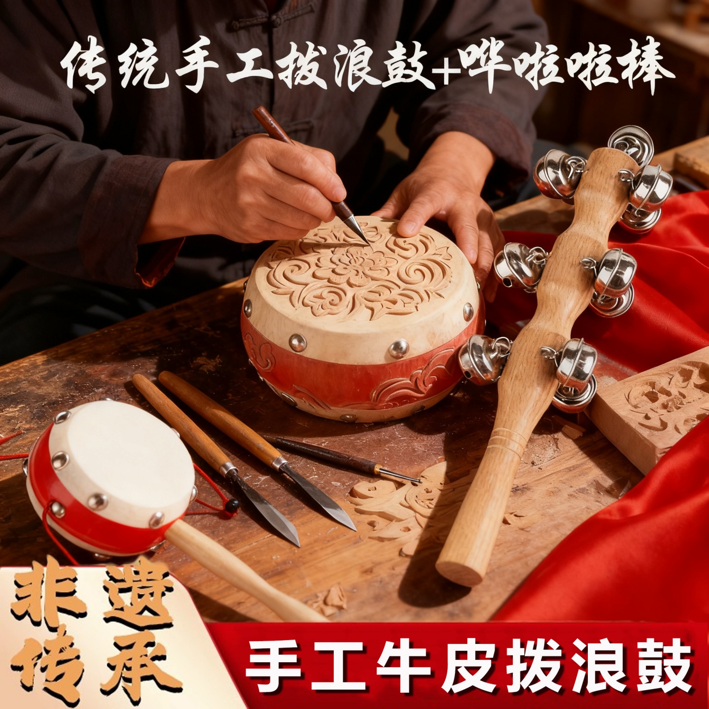 原木黄铜手工婴儿可啃拨浪鼓