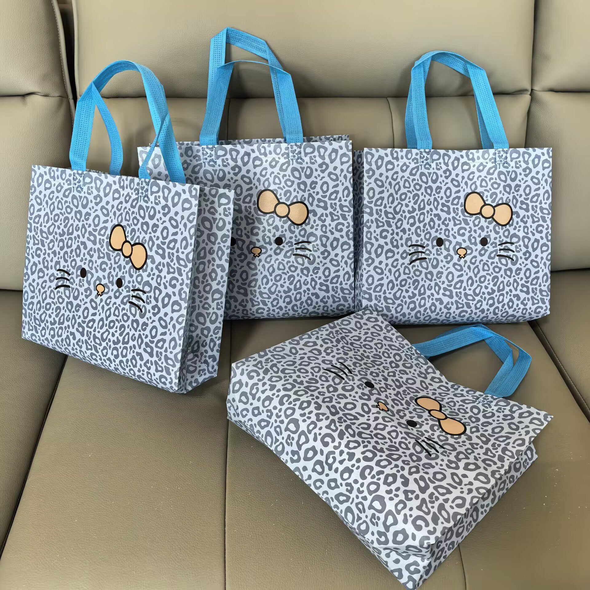 蓝色豹纹猫咪覆膜无纺布手提袋特价加厚服装店手提袋定制logo现货