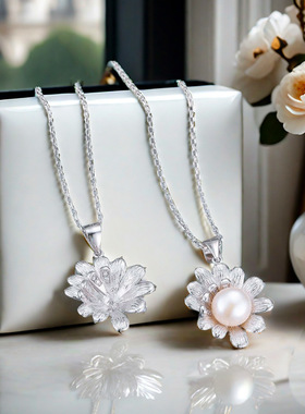 日系coss kokos925银山茶花珍珠项链女夏淡水珍珠拉丝花卉锁骨链