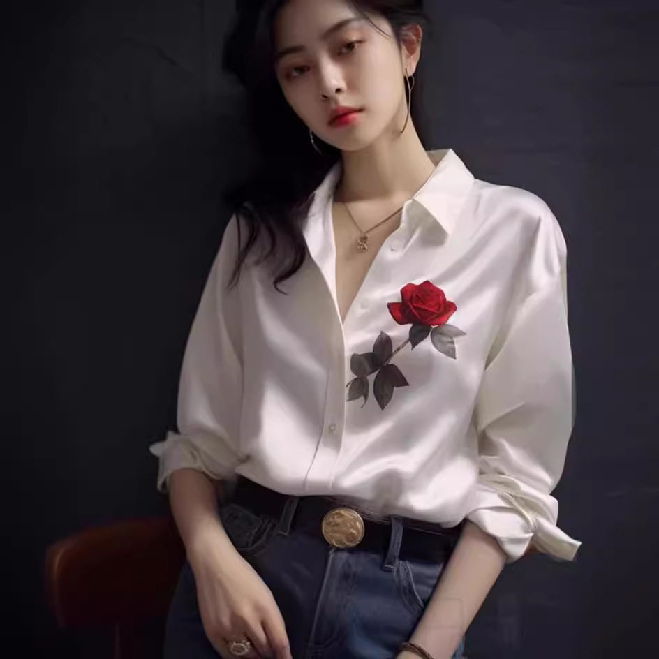欧货白色印花缎面衬衫女高级感轻奢气质名媛上衣别致绝美长袖衬衣