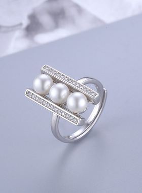 日系coss koko新款s925银平衡木珍珠戒指时尚可调节指环