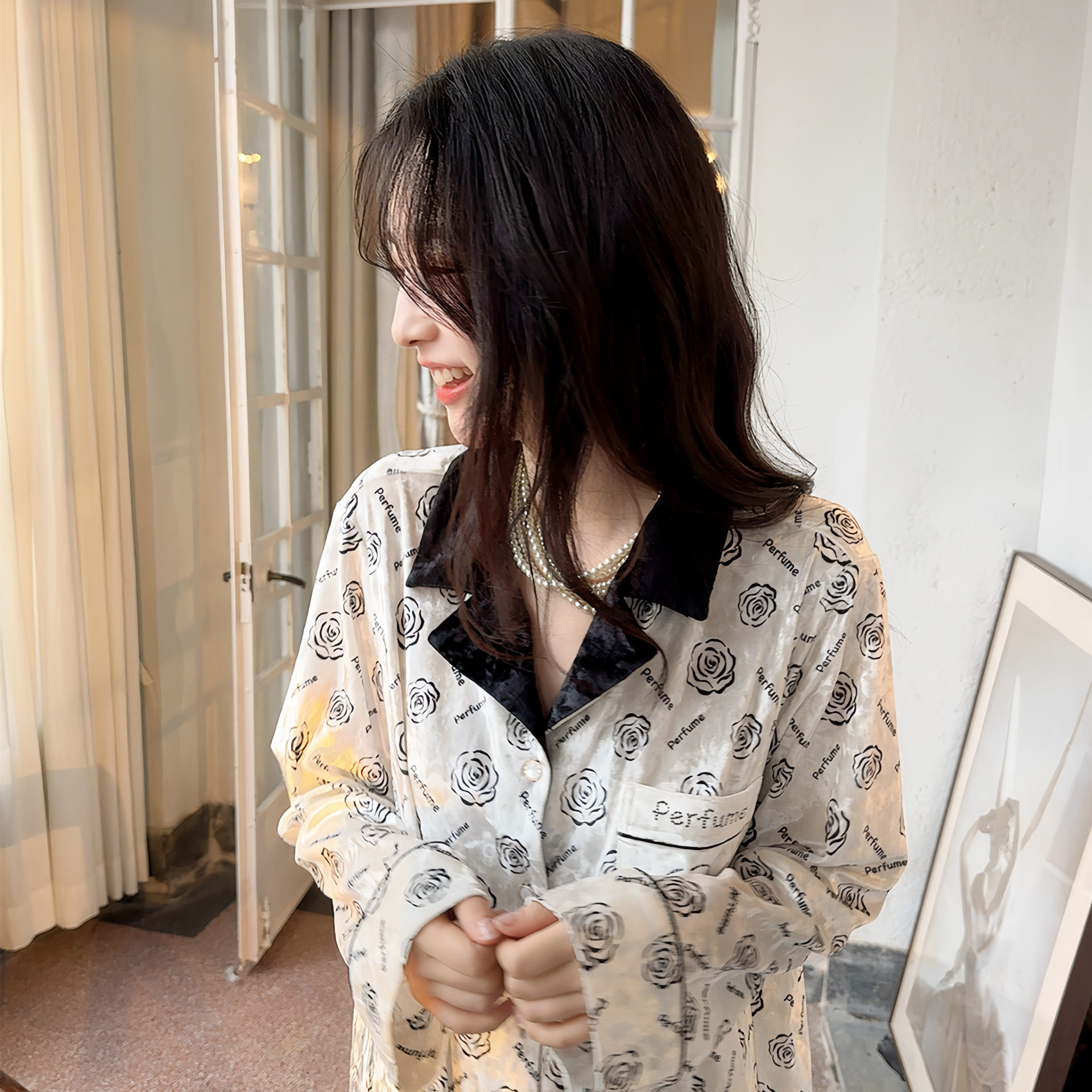日系cherrykoko秋冬女士睡衣中长款金钻绒睡裙甜美保暖玫瑰休闲
