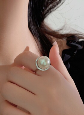 日系coss kokos925银正圆14mm大珍珠戒指女法式复古高级感气质镶