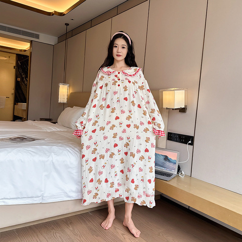 日系cherrykoko秋冬新款女士大码棉睡裙甜美宽松家居服舒适胖mm