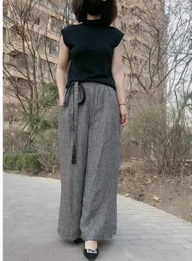 日系coss koko夏季新款黑色无袖打底衫阔腿休闲格裤显瘦女装