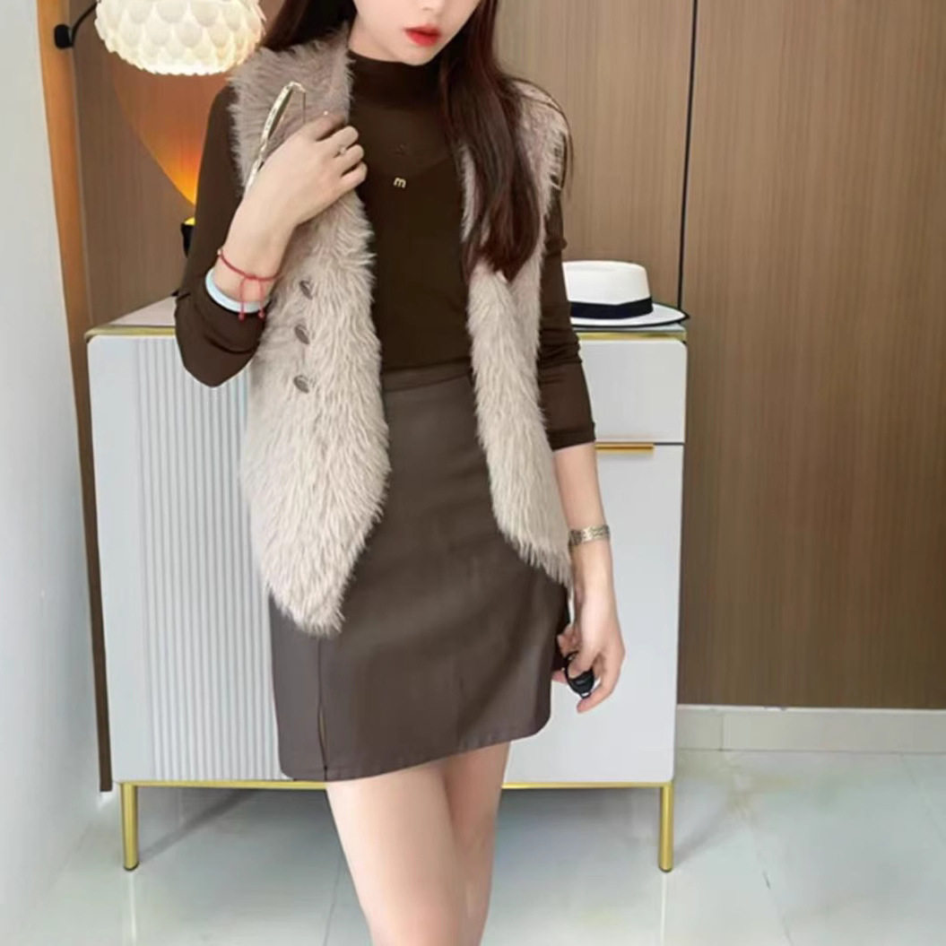 日系coss koko时尚修身打底衫无袖毛毛马甲高腰半身裙女潮