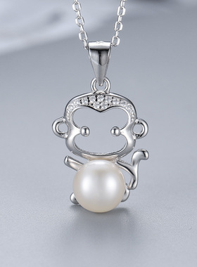 日系coss kokos925银猴子项链女时尚珍珠生肖吊坠锁骨链diy空托