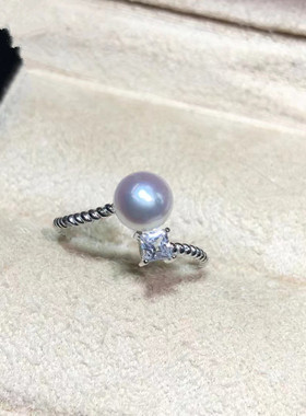 日系coss koko时尚麻花淡水珍珠戒指s925银方钻微镶开口指环diy