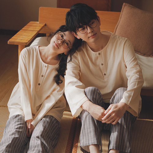 法国gentle motto当下72-无印情侣睡衣女春秋季棉纱布可外穿