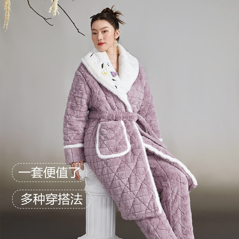 日系CherryKoko冬季珊瑚绒夹棉睡袍女套装时尚大翻领加绒加棉三层