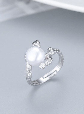 日系coss koko新款s925银简约树叶淡水珍珠戒指可调节时尚竹节