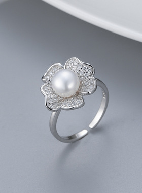 日系coss koko新款s925银淡水珍珠指环女镶钻花朵戒指diy配件