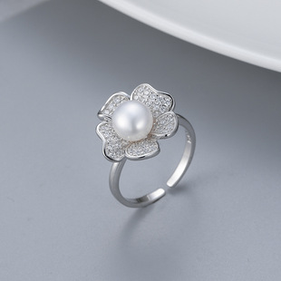 日系coss koko新款s925银淡水珍珠指环女镶钻花朵戒指diy配件