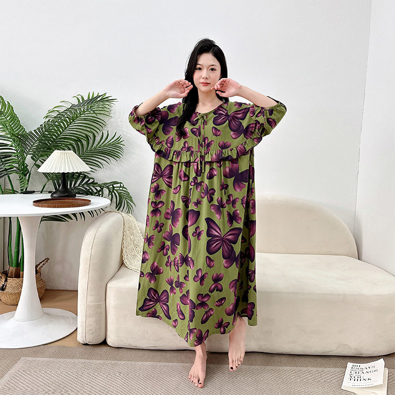 日系CherryKoko夏秋新款宽松大码睡裙印花棉绸七分袖家居服200斤