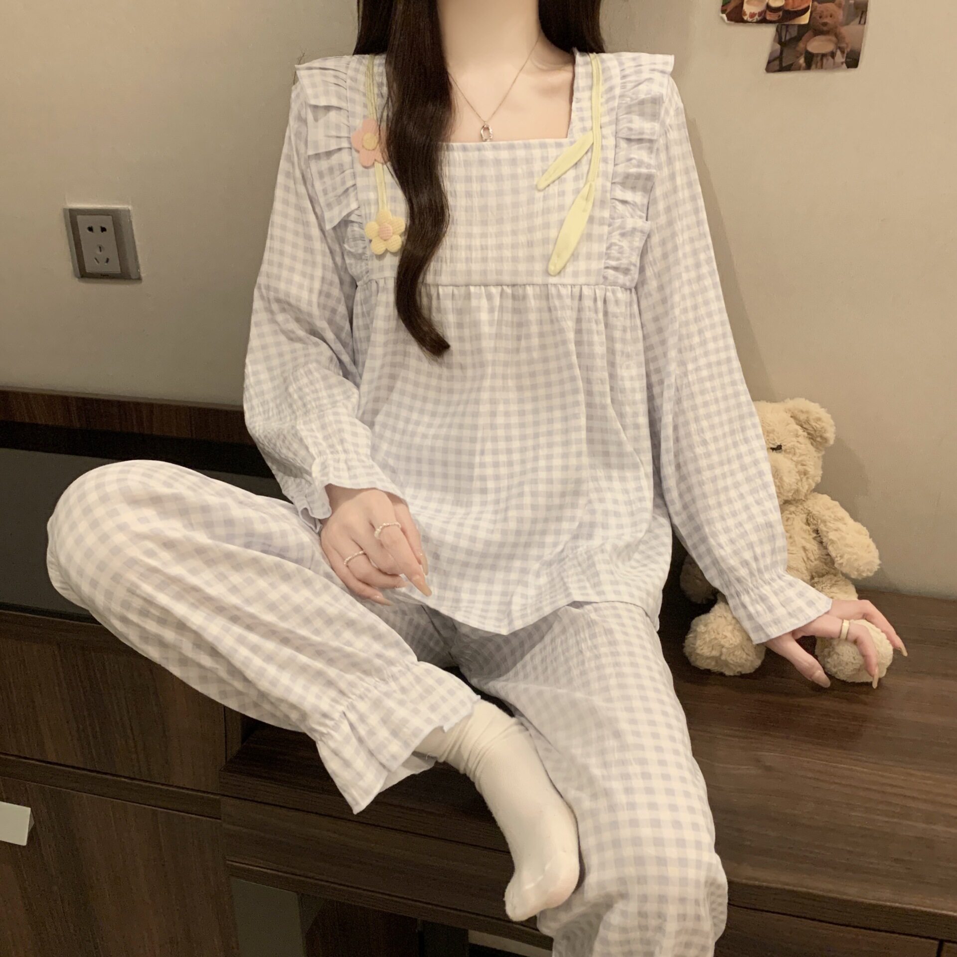 法国Gentle Motto新款睡衣女秋款季长袖云朵棉日系格子公主风学生