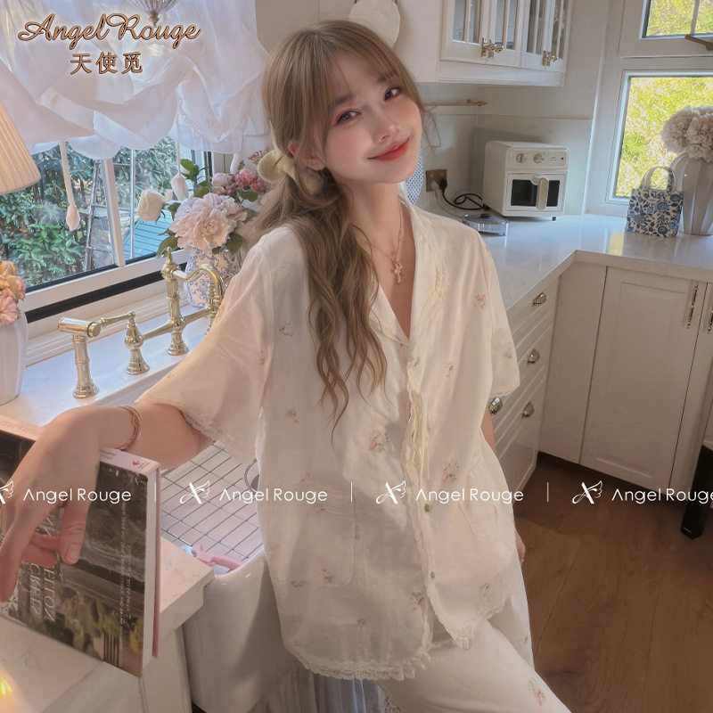 日系cherrykoko2026新款冰丝女士睡衣简约棉少女开衫短袖长裤印花