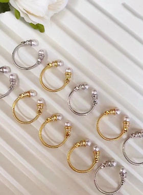 日系coss koko中古s925银麻花双珍珠戒指女夏新款个性ins复古