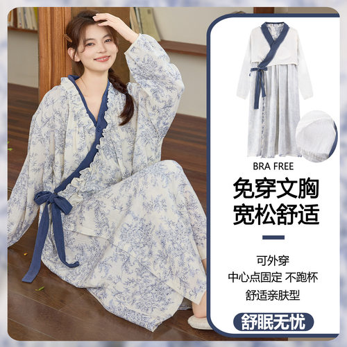 法国Gentle Motto带胸垫睡裙女款春秋季长袖睡衣系带日系甜美云朵
