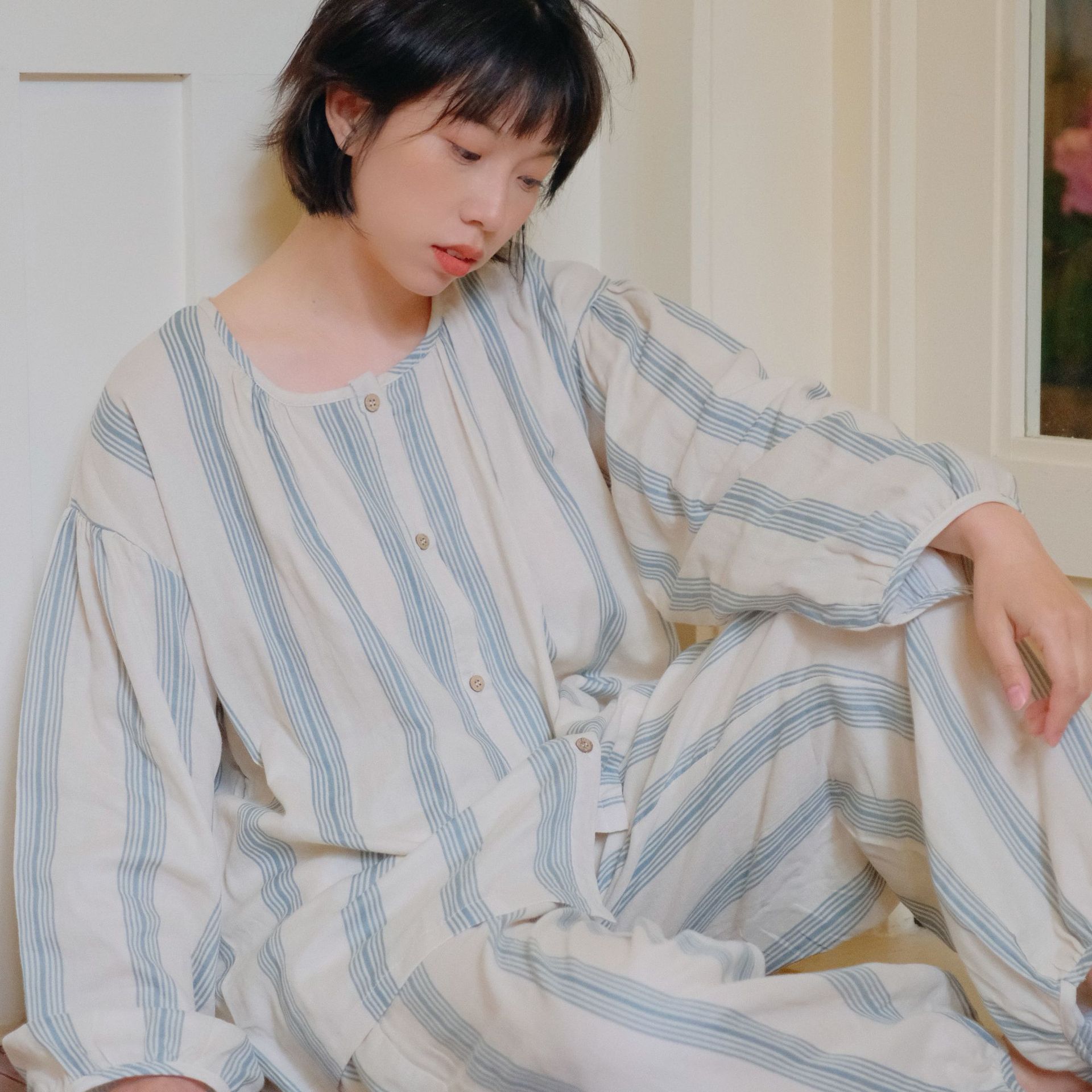 日系cherrykoko简约条纹棉睡衣女春秋长袖宽松圆领开衫套装可外穿