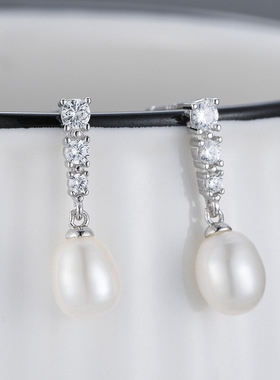 日系coss kokos925银淡水珍珠耳环时尚简约微镶锆石耳钉diy空托