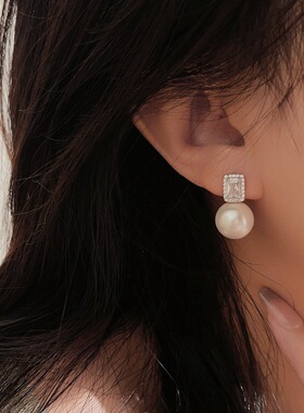日系coss koko复古港风925银方形锆石珍珠耳钉女简约百搭名媛