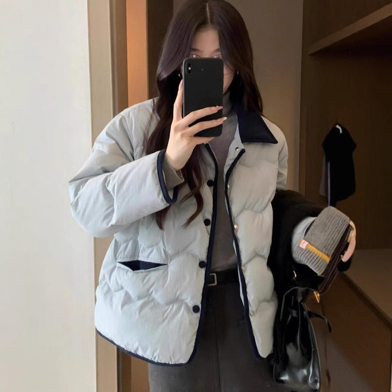 日系cherrykokoins灯芯绒翻领轻薄棉服女短款小香风时尚休闲外套