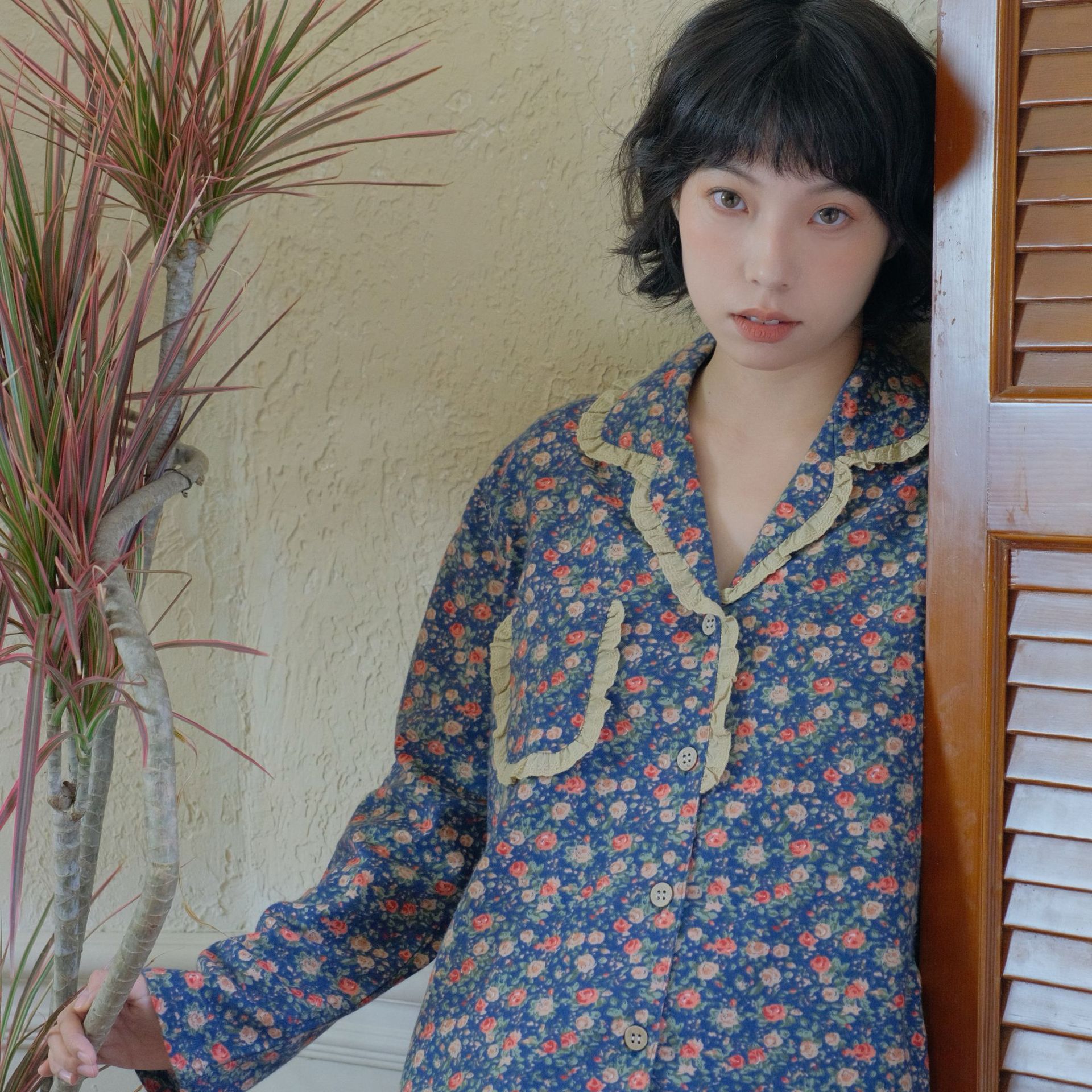日系cherrykoko复古高级感小碎花花边睡衣全棉磨毛秋冬女士开衫