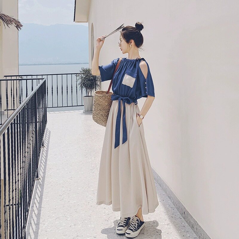 日系cherrykoko蓝色假两件连衣裙女夏季法式气质设计感小众到及