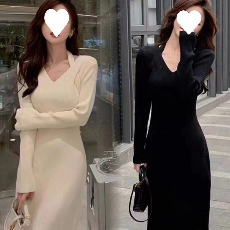 日系cherrykoko设计感小众心机挂脖修身连衣裙女秋冬季收腰显
