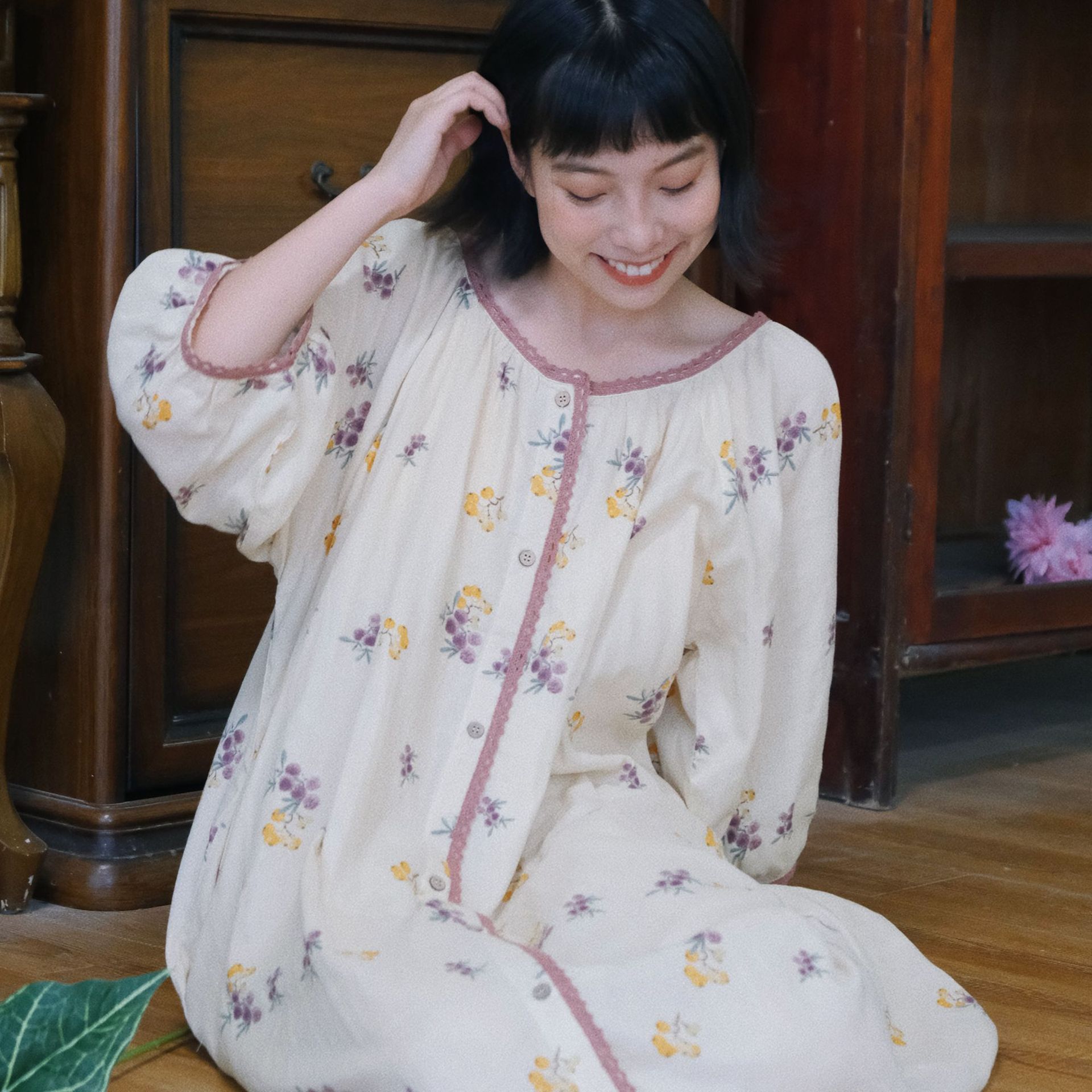 日系cherrykoko枇杷棉睡裙女全棉薄款连体古风连衣裙宽松大码长款